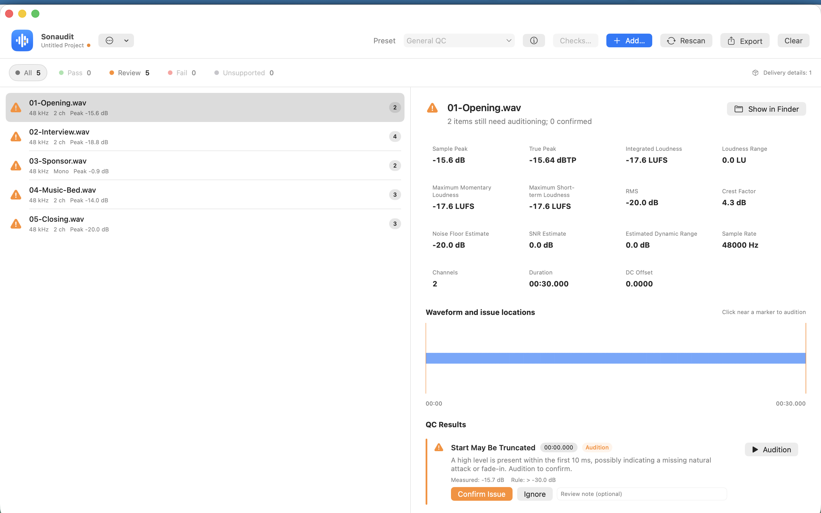 Sonaudit batch quality-control workspace