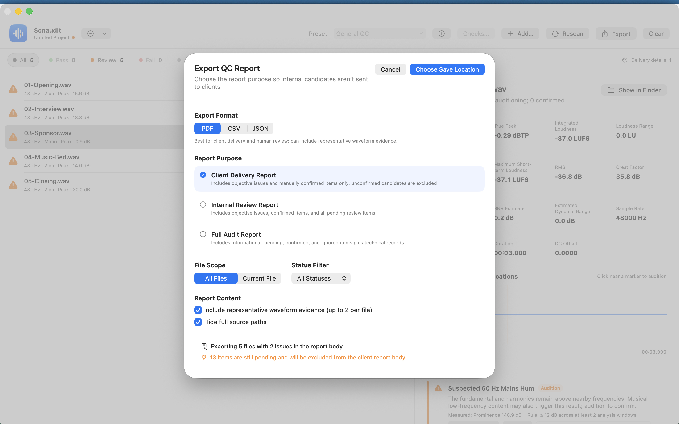 Sonaudit report filtering and export options