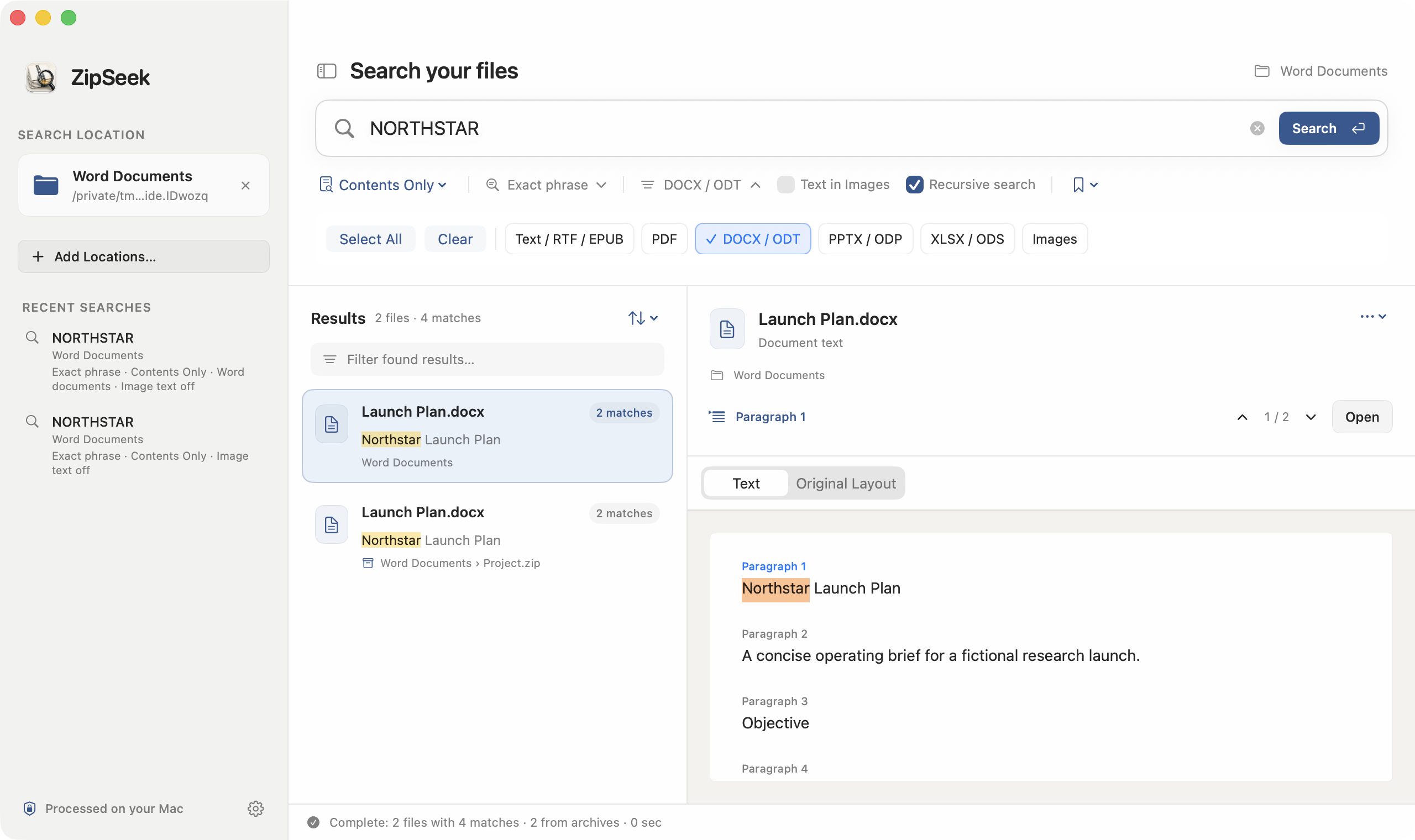 ZipSeek searching DOCX contents in a folder, with DOCX / ODT selected and a matching paragraph highlighted.